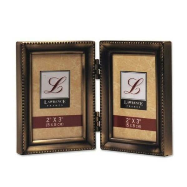 Lawrence Frames Antique Gold Brass Hinged Double 2x3 Picture Frame - Beaded Edge Design 11423D